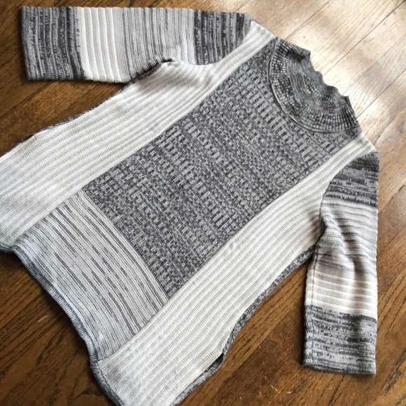 3/$10 Pattern Block Knit Asymmetrical Wool Crew Neck 3/4 Sleeve Cozy Sweater - Picture 3 of 6